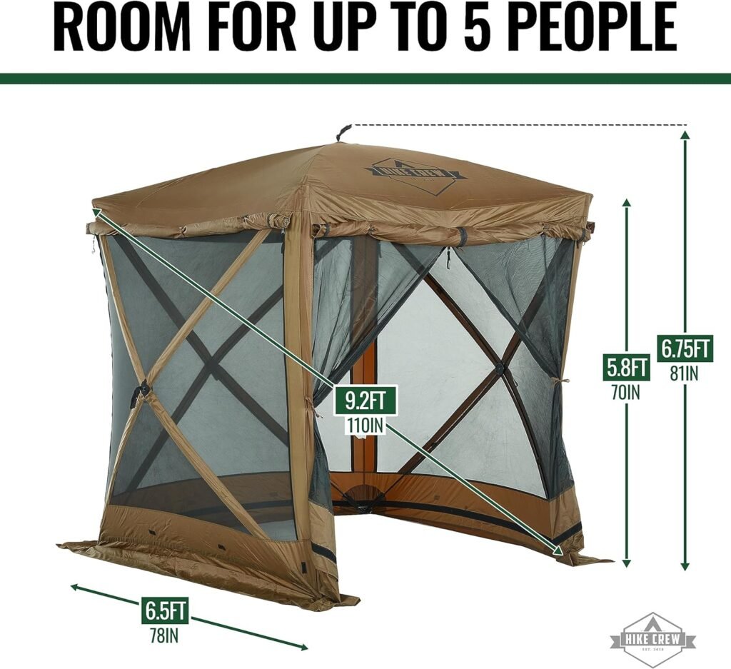 Hike Crew 6’x6’ Pop-Up Gazebo Screen Tent | 4-Sided Outdoor Canopy Shelter w/Built-in Zippered Wind Panels, Built-in Awning, Stakes, Ropes  Carry Bag for Camping  Sports | UV Resistant SPF 50+