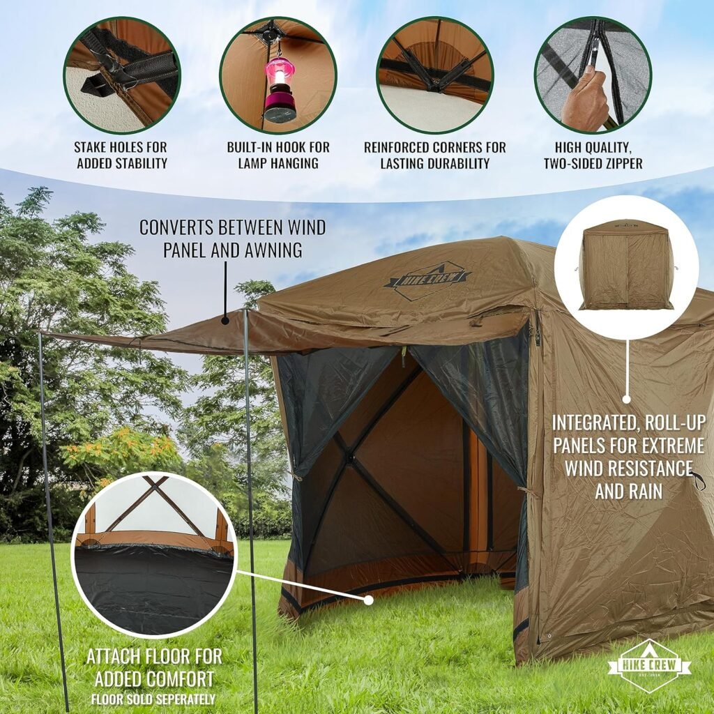 Hike Crew 6’x6’ Pop-Up Gazebo Screen Tent | 4-Sided Outdoor Canopy Shelter w/Built-in Zippered Wind Panels, Built-in Awning, Stakes, Ropes  Carry Bag for Camping  Sports | UV Resistant SPF 50+