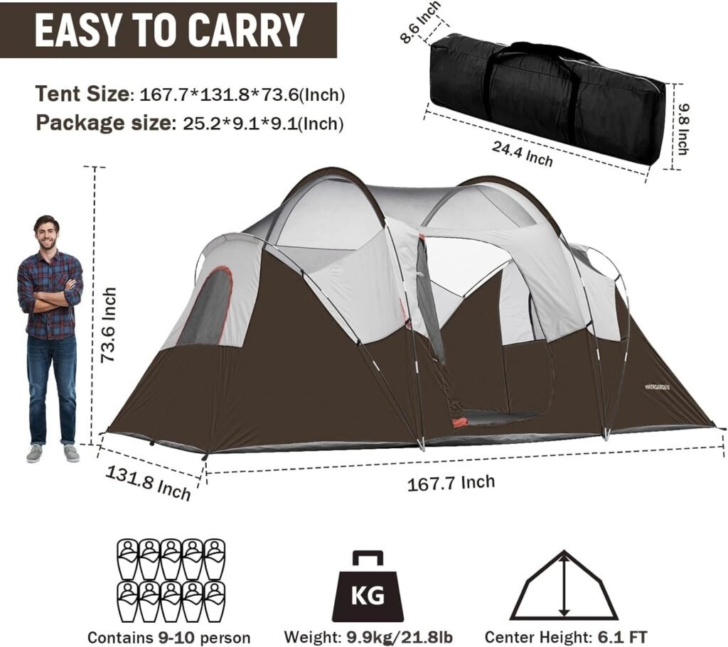 HIKERGARDEN 10 Person Camping Tent - Portable Easy Set Up Family Tent for Camp, Windproof Fabric Dome Tent Outdoor for Hiking, Backpacking, Traveling-14x11x74in(H)