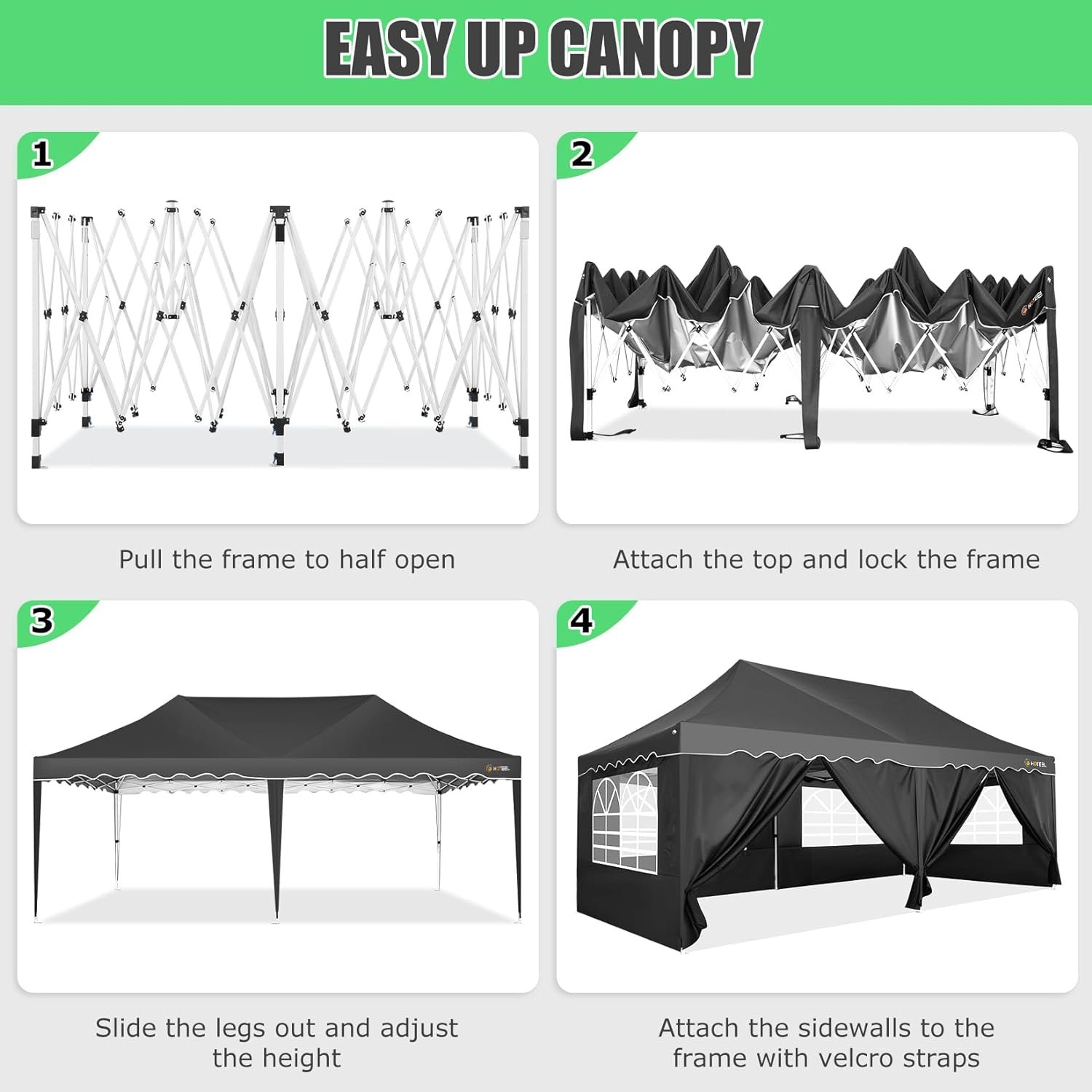 HOTEEL 10x20 Pop Up Canopy Tents for Parties, Outdoor Tent with Wheeled Bag  4 Sandbags, Easy Setup Shelter Gazebo for Wedding, Patio Events, Commercial, Party -Waterproof and UV50+ Protection, Black