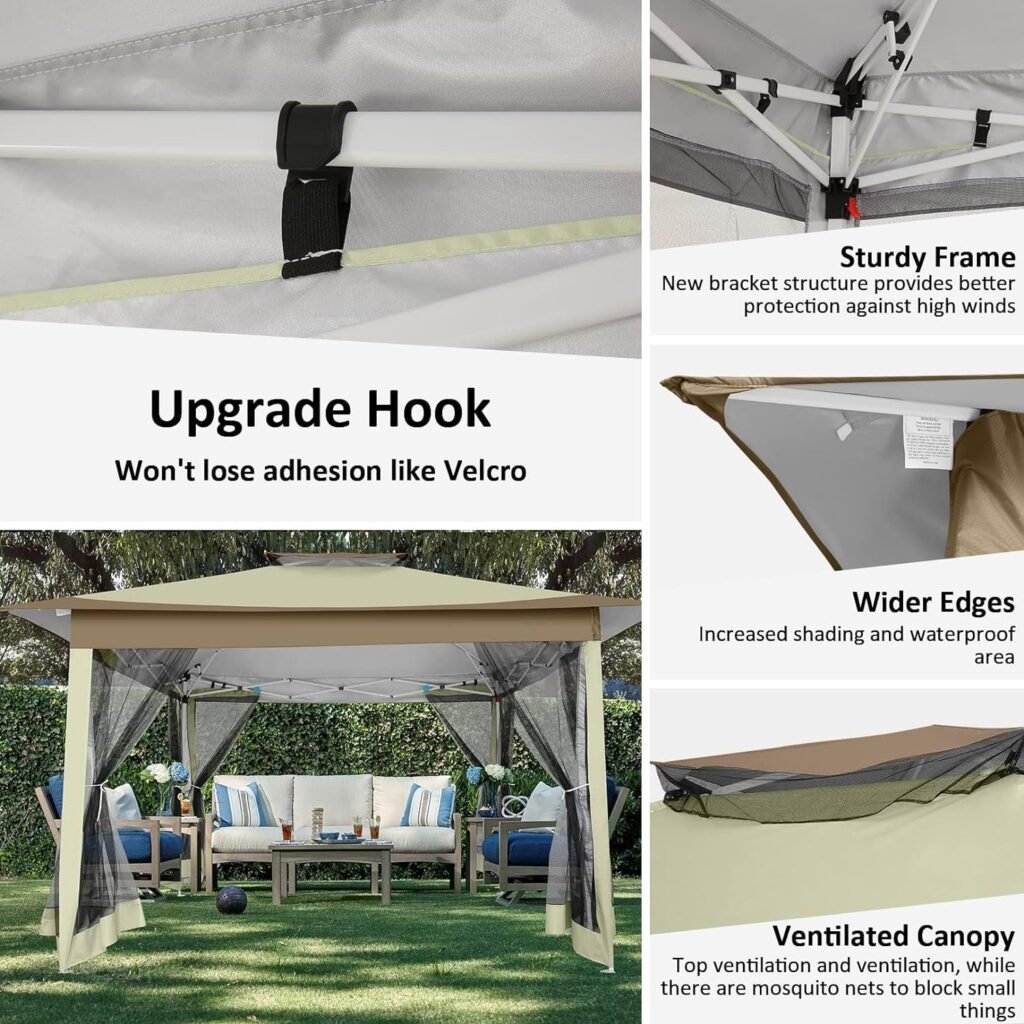 HOTEEL Pop Up Gazebo 10x10 Outdooor Gazebo with Mosquito Netting Patio Gazebo Tent with Sidewalls for Garden, Camping, Parties, Backyard with Vented Top, Storage Bag, Sandbags(Upgraded, Khaki)