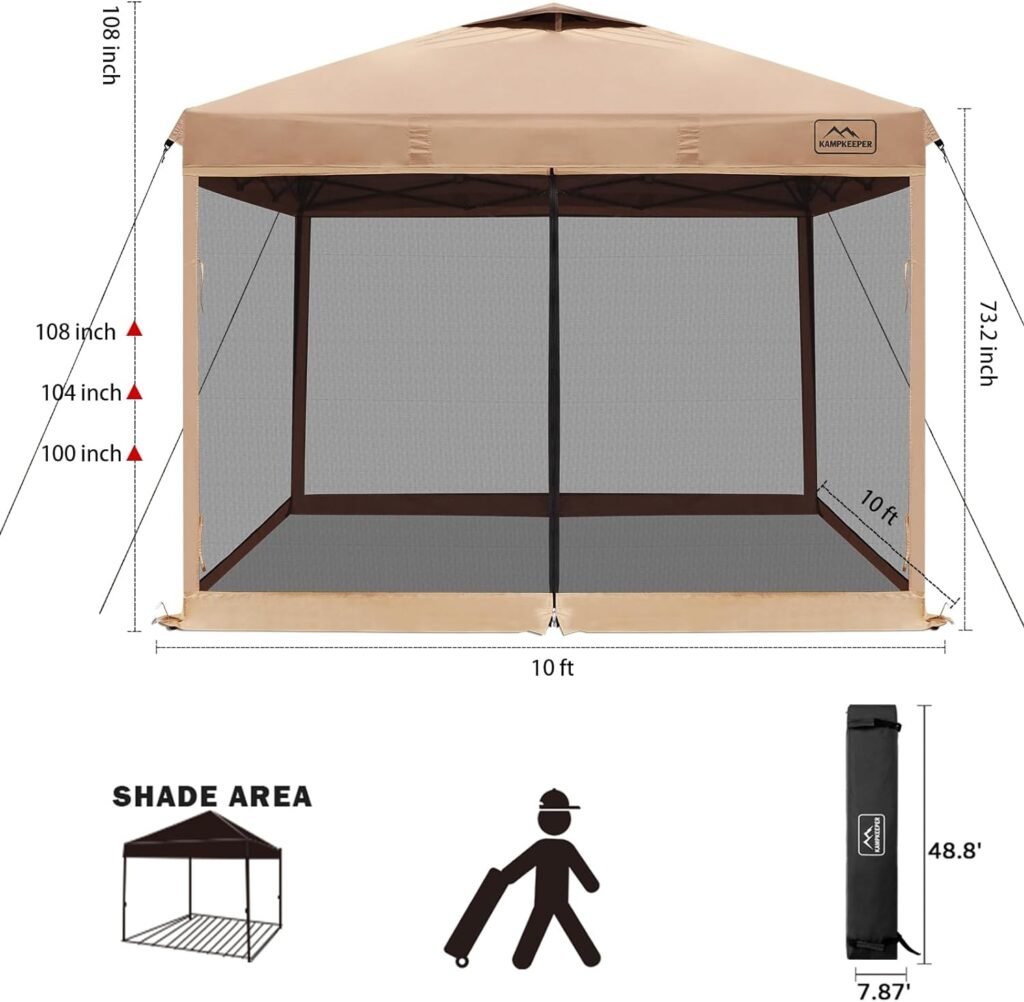 KAMPKEEPER Outdoor 10x10 Pop Up Screened Canopy Tent with Netting Mesh Walls,4 Sandbags,1 Roller Bag (Kahaki Vented Top)