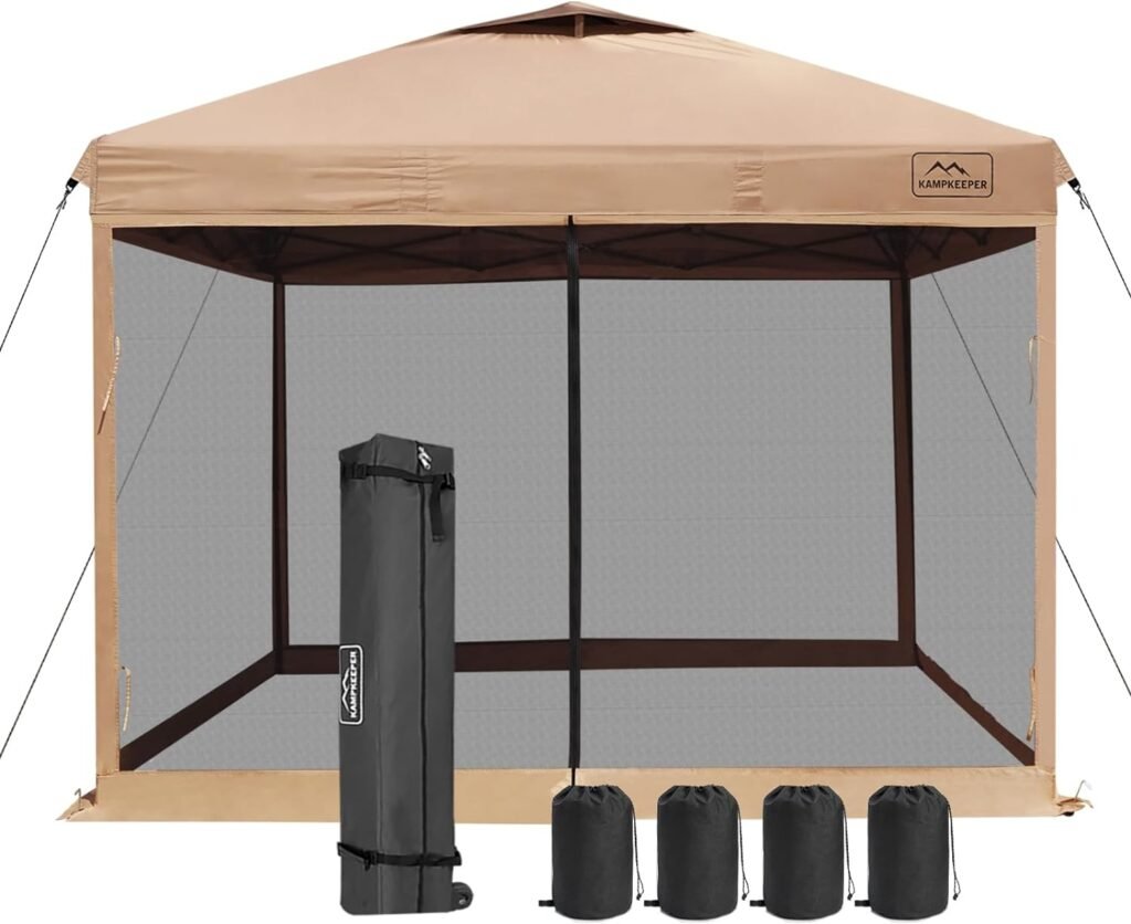 KAMPKEEPER Outdoor 10x10 Pop Up Screened Canopy Tent with Netting Mesh Walls,4 Sandbags,1 Roller Bag (Kahaki Vented Top)