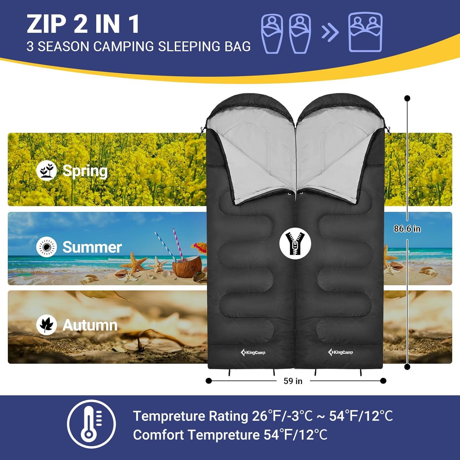 KingCamp Camping Sleeping Bags for Adults, Backpacking Lightweight Water Repellent Warm Cold Weather Sleeping Bag, Camping Gear for Camping Hiking Outdoor Travel Hunting with Compression Bag