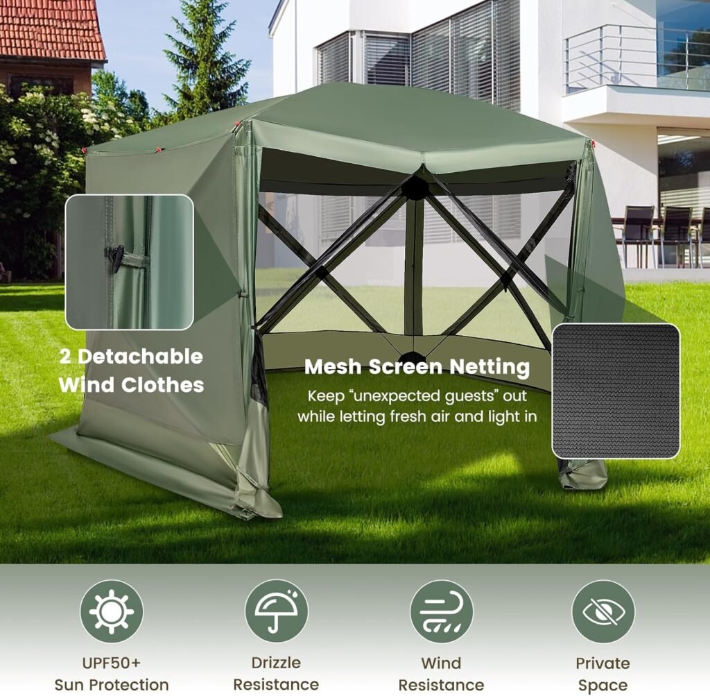 KOTEK 6 Sided Pop Up Gazebo, Outdoor Canopy Shelter with Mesh Walls, Portable Carry Bag, 2 Wind Cloth, 6-8 Person Screen Tent for Camping Traveling Hiking Patios Lawn Backyard, 11.5 x 11.5 ft (Green)