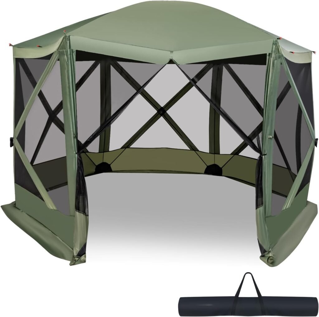 KOTEK 6 Sided Pop Up Gazebo, Outdoor Canopy Shelter with Mesh Walls, Portable Carry Bag, 2 Wind Cloth, 6-8 Person Screen Tent for Camping Traveling Hiking Patios Lawn Backyard, 11.5 x 11.5 ft (Green)