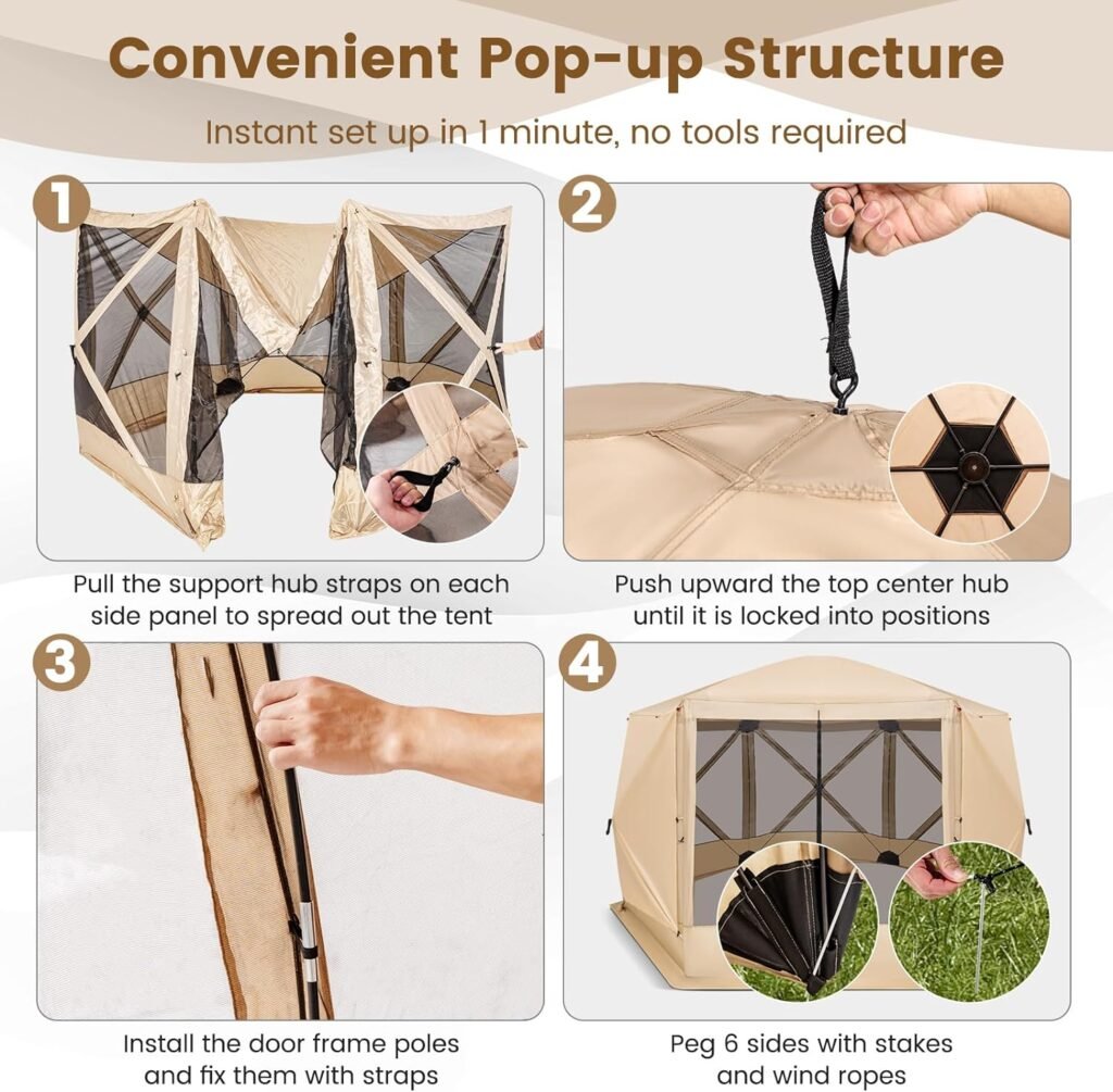 KOTEK 6 Sided Pop Up Gazebo, Outdoor Canopy Shelter with Mesh Walls, Portable Carry Bag, 2 Wind Cloth, 6-8 Person Screen Tent for Camping Traveling Hiking Patios Lawn Backyard, 11.5 x 11.5 ft (Green)