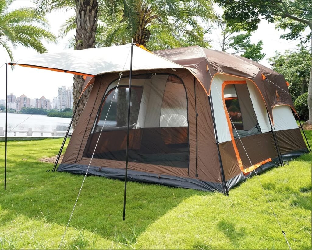 KTT Extra Large Tent 10-12-14 Person(Style-B),Family Cabin Tents,2 Rooms,3 Doors and 3 Windows with Mesh,Straight Wall,Waterproof,Double Layer,Big Tent for Outdoor,Picnic,Camping,Family Gathering