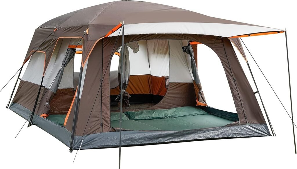 KTT Extra Large Tent 10-12 Person(A),Family Cabin Tents,2 Rooms,3 Doors and 3 Windows with Mesh,Straight Wall,Waterproof,Double Layer,Big Tent for Outdoor,Picnic,Camping,Family Gathering