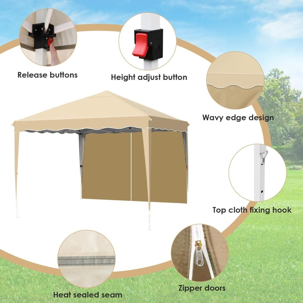 MAMIZO 10x10FT Pop Up Canopy with 4 Sidewalls, Ez Up Commercial -Series Instant Canopy Tent, Outdoor Portable Gazebo with Wheeled Bag, Party Canopies Event Tent for Wedding/Patio/Camping (Khaki)