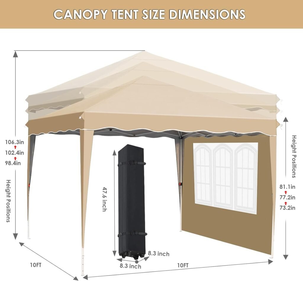 MAMIZO 10x10FT Pop Up Canopy with 4 Sidewalls, Ez Up Commercial -Series Instant Canopy Tent, Outdoor Portable Gazebo with Wheeled Bag, Party Canopies Event Tent for Wedding/Patio/Camping (Khaki)