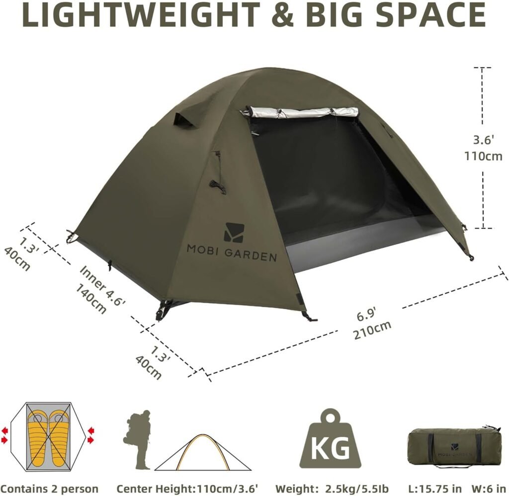 MOBI GARDEN Camping Tent 1-2 Person, Lightweight Backpacking Tent Waterproof Windproof, Double Layer Outdoor Tents for Camping, Hiking, Mountaineering Travel