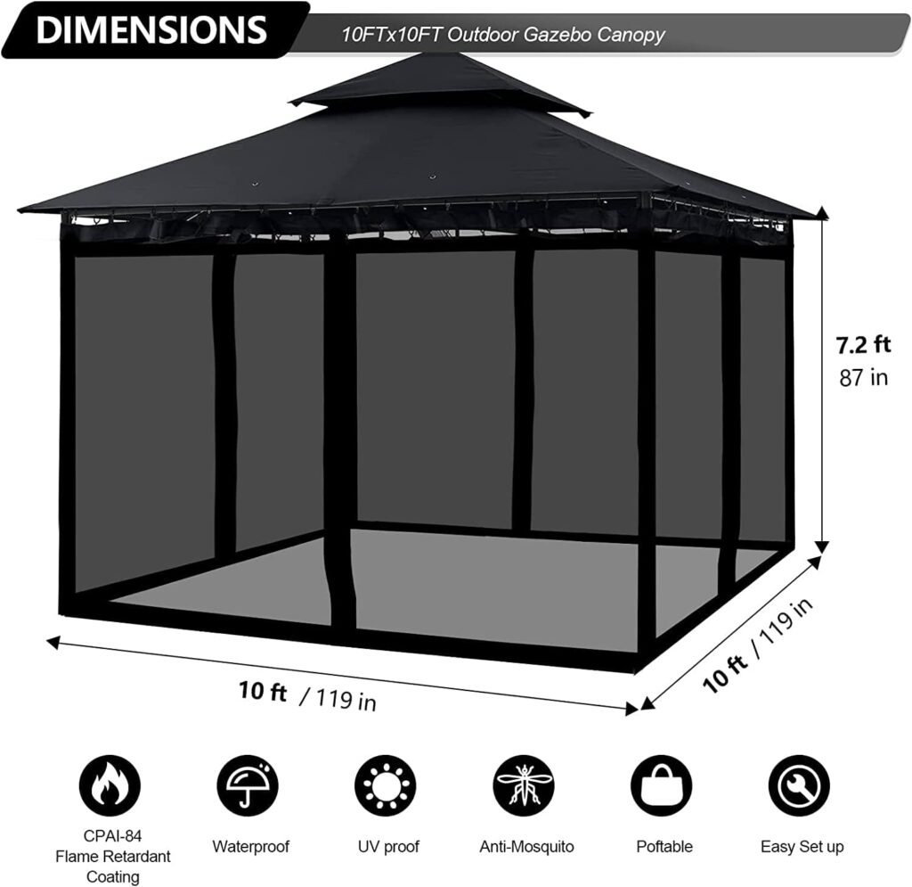 Mosquito Net for Outdoor Patio and Garden, Screen House for Camping and Deck, Gazebo Screenroom, Zippered Mesh Sidewalls for 10x 10 Gazebo (Black)