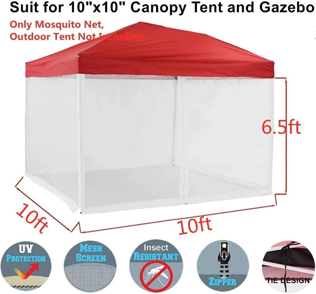 Mosquito Net for Outdoor Patio and Garden, Screen House for Camping and Deck, Gazebo Screenroom, Zippered Mesh Sidewalls for 10x 10 Gazebo (Black)