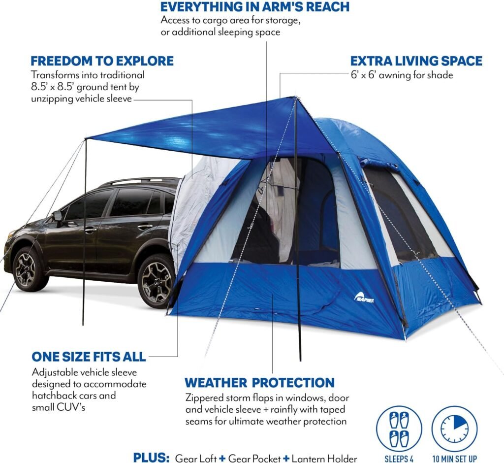 Napier Sportz Hatchback and Small CUV Tent 8x8 Waterproof Camping Tent with Awning 4 Person Blue/Grey Car Tent