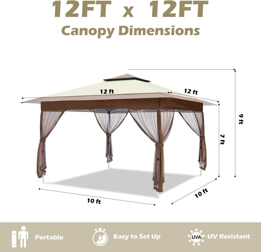 OUTFINE 12x12 Gazebo Outdoor Pop up Canopy Tent with Curtains and Shelter for Patio, Party  Backyard (Khaki)