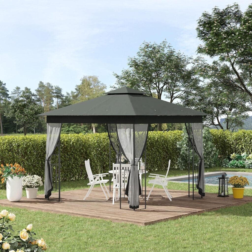 Outsunny 10 x 11.5 Metal Patio Gazebo, Double Roof Outdoor Gazebo Canopy Shelter with Tree Motifs Corner Frame and Netting, for Garden, Lawn, Backyard, and Deck, Gray