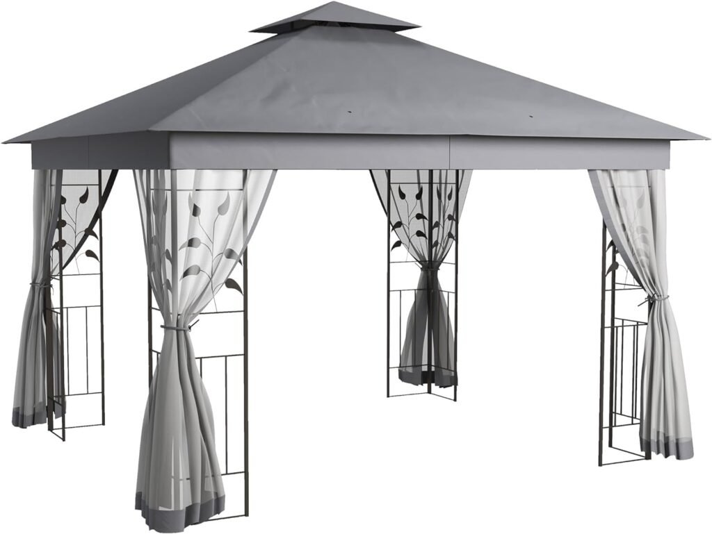 Outsunny 10 x 11.5 Metal Patio Gazebo, Double Roof Outdoor Gazebo Canopy Shelter with Tree Motifs Corner Frame and Netting, for Garden, Lawn, Backyard, and Deck, Gray