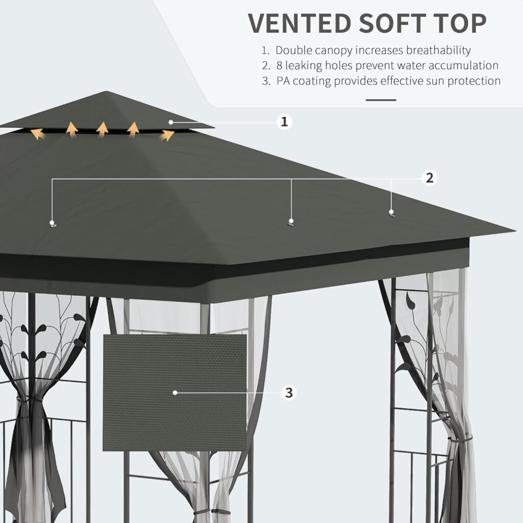 Outsunny 10 x 11.5 Metal Patio Gazebo, Double Roof Outdoor Gazebo Canopy Shelter with Tree Motifs Corner Frame and Netting, for Garden, Lawn, Backyard, and Deck, Gray