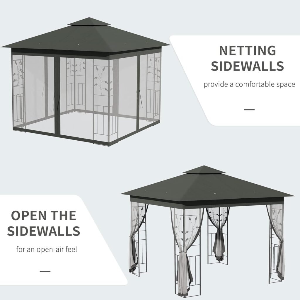 Outsunny 10 x 11.5 Metal Patio Gazebo, Double Roof Outdoor Gazebo Canopy Shelter with Tree Motifs Corner Frame and Netting, for Garden, Lawn, Backyard, and Deck, Gray