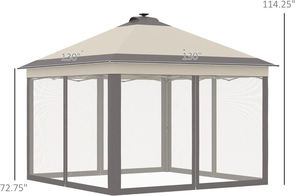 Outsunny 11 x 11 Pop Up Gazebo, Instant Canopy Tent with Solar LED Light, Remote Control, Netting and Carrying Bag for Backyard Garden Patio, Beige