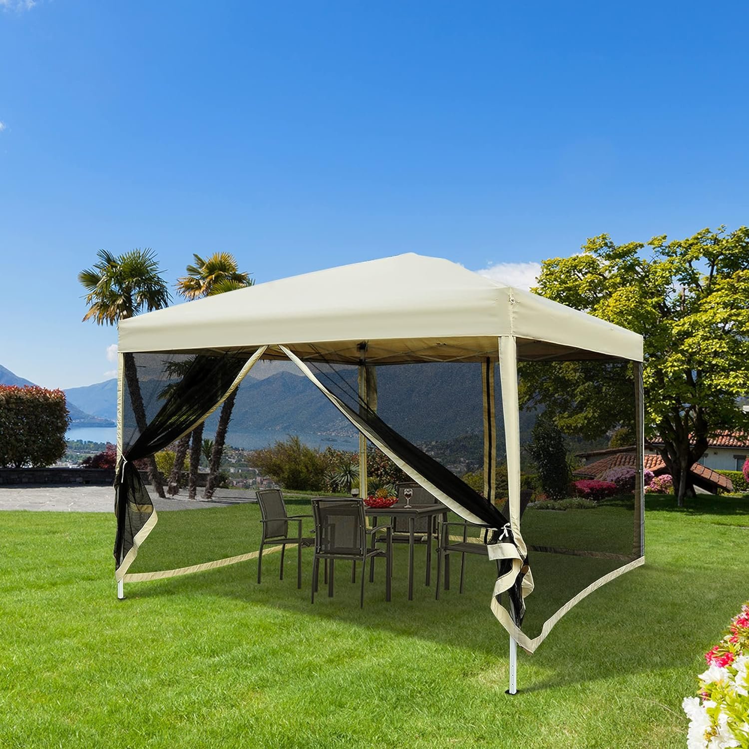 Outsunny 210D Oxford 10 x 10 Pop Up Canopy Tent with Netting, Instant Screen Room House, Tents for Parties, Height Adjustable, with Carry Bag, for Outdoor, Garden, Patio