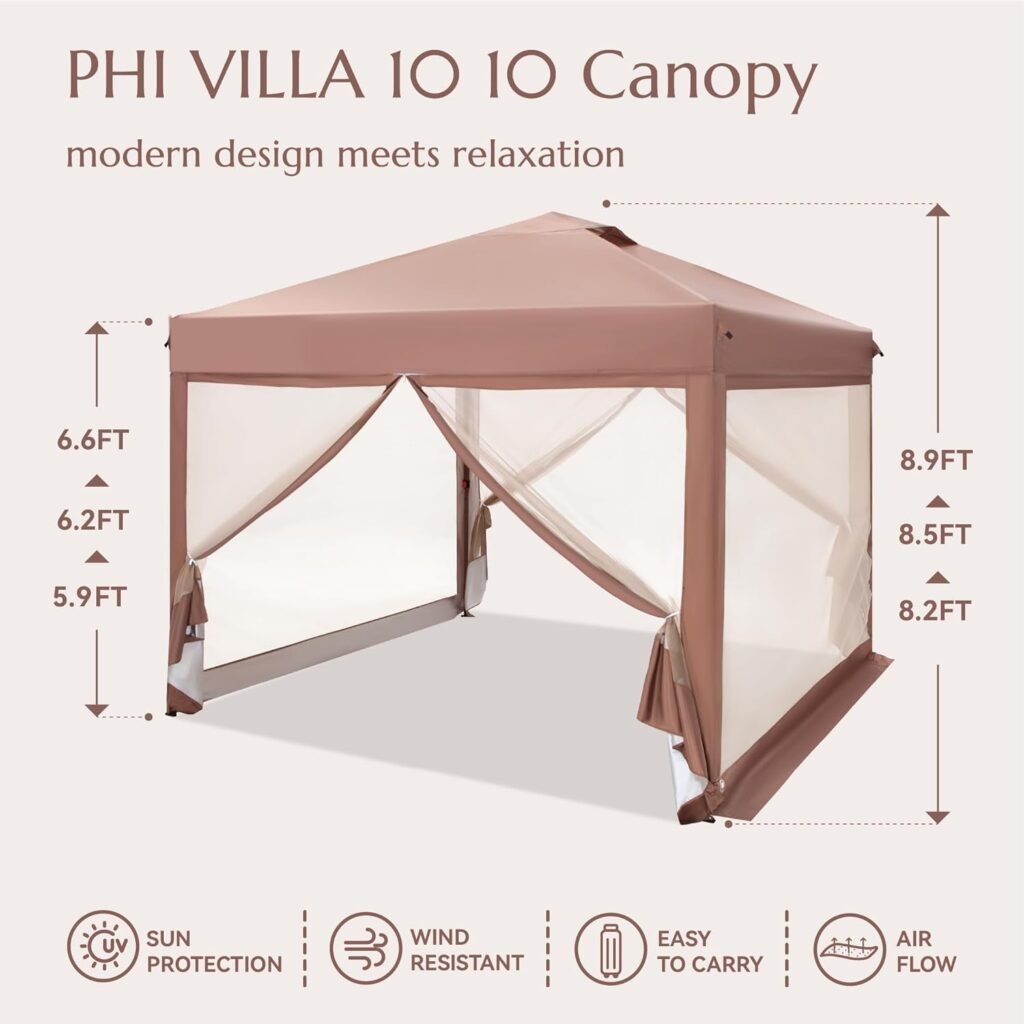 PHI VILLA 10 x 10 Pop Up Canopy Tent with Netting, Instant Gazebo, Ez up Screen House Room with Carry Bag, Height Adjustable, for Outdoor, Garden, Patio