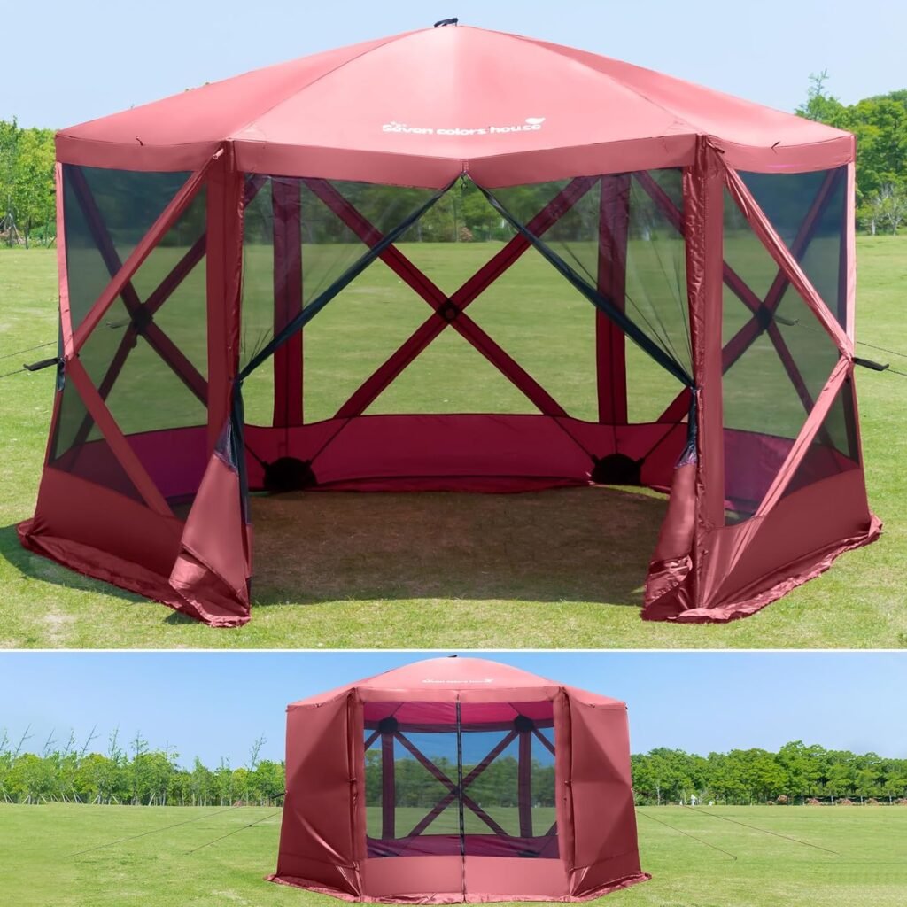 Pop Up Screen Tent House for Camping 6 Sided Portable Gazebo Tent for Outdoor Sun Shelter Canopy for Patio Backyard Garden 11.5 x 11.5 Foot, Red