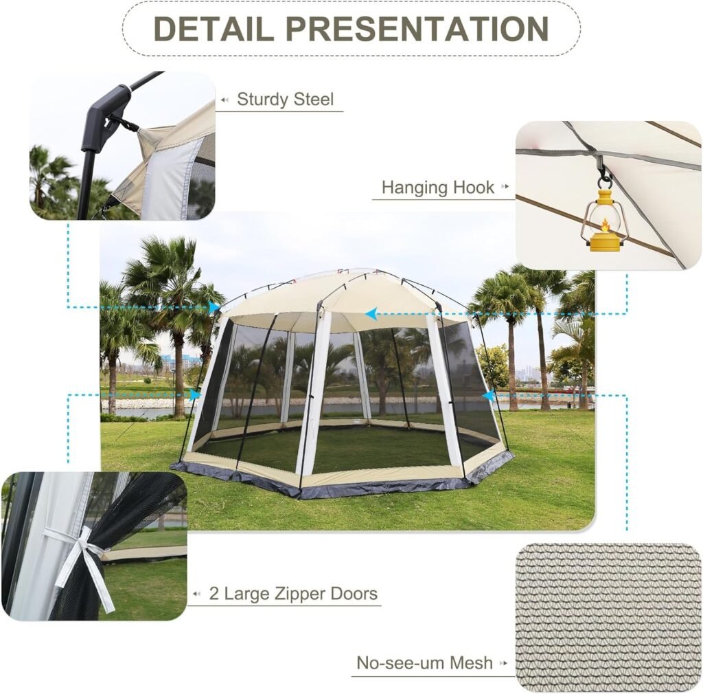 Screen House 13x13 Feet Octagonal Mesh Canopy Camping Gazebo Shelter Tent for 8-10 People Outdoor Party Activities, Grey