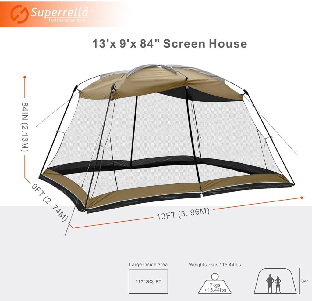 Superrella Screen House 10x10 Ft Square Camping Canopy Tent Sun Shade Gazebo Shelter Perfect for Outdoor Activities, Khaki