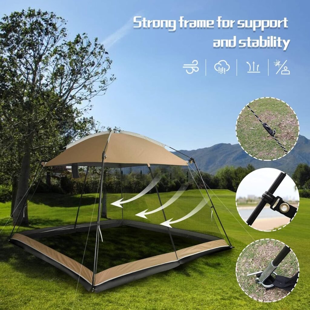 Superrella Screen House 10x10 Ft Square Camping Canopy Tent Sun Shade Gazebo Shelter Perfect for Outdoor Activities, Khaki