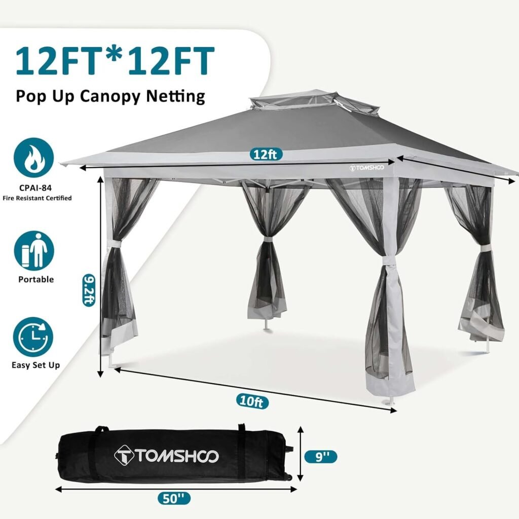 TOMSHOO Outdoor Gazebo, Pop Up Gazebo 12x12 with Center Lock Quick Canopy Tent 144 Square Feet of Shade