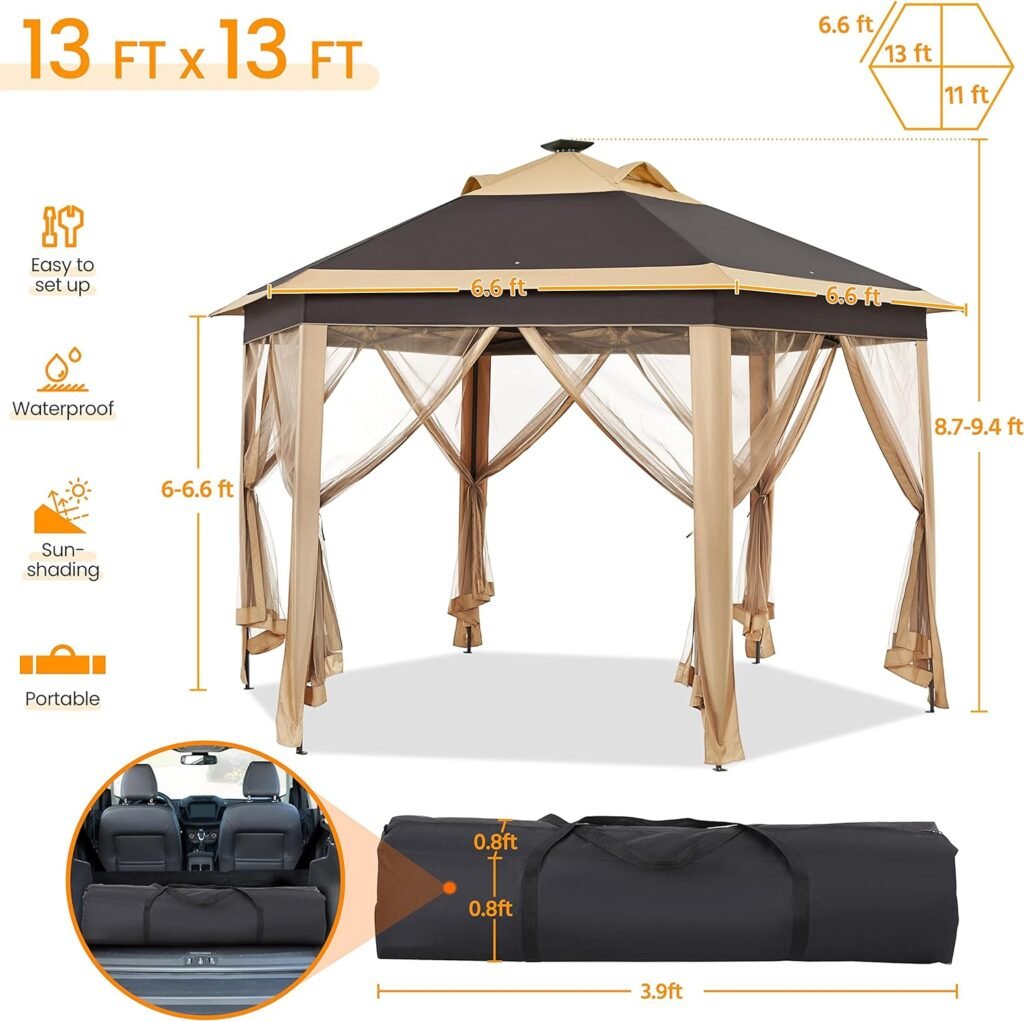 Topeakmart Instant Pop-up Gazebo 13 x 13 Canopy Tent Shelter with 25 Solar LED Lights, Mesh Netting Sides, Storage Bag, Bonus Weight Sandbags, Stakes, Ropes, Khaki  Brown