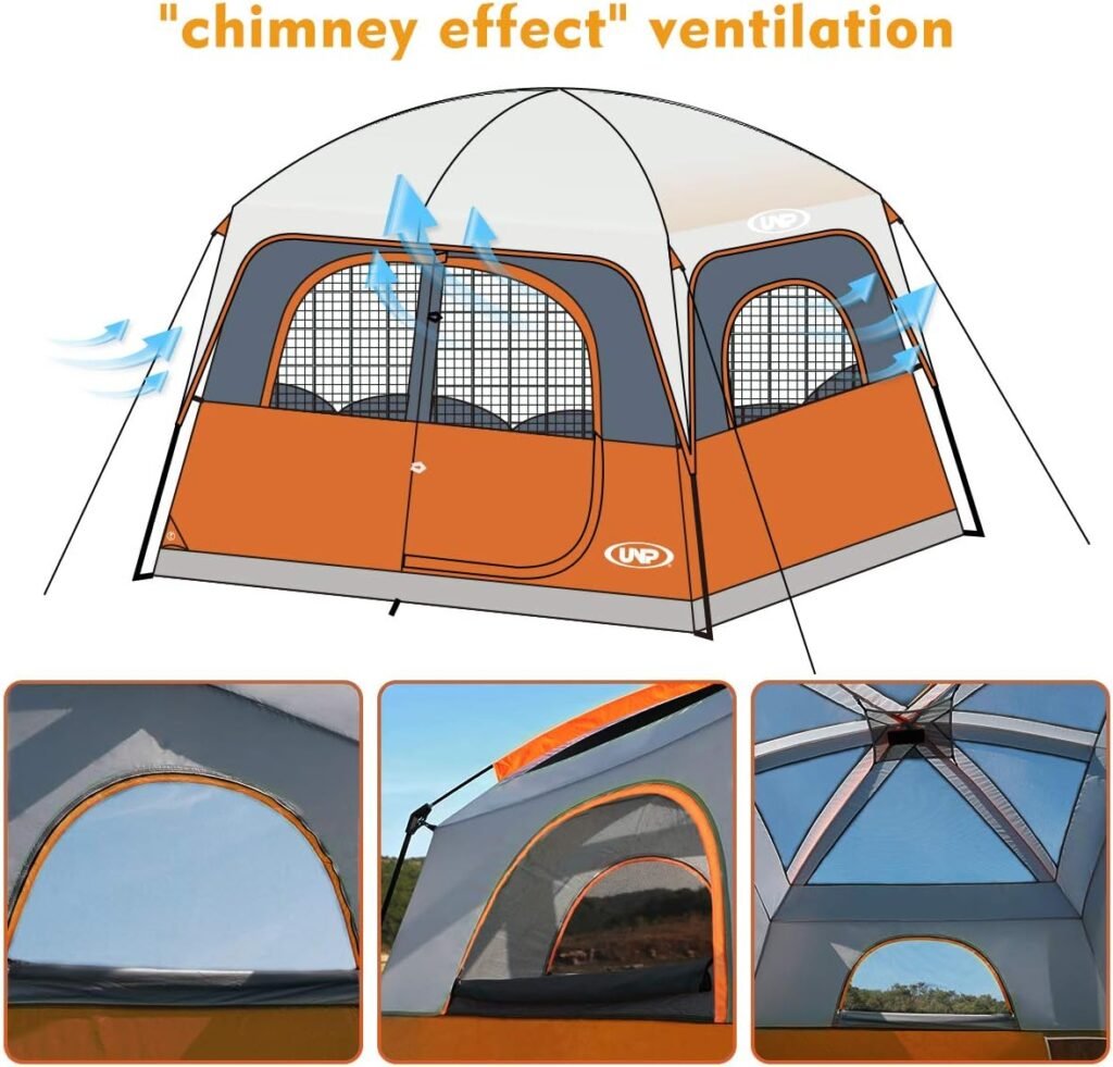 UNP Tents 6 Person Waterproof Windproof Easy Setup,Double Layer Family Camping Tent with 1 Mesh Door  5 Large Mesh Windows -10X9X78in(H)