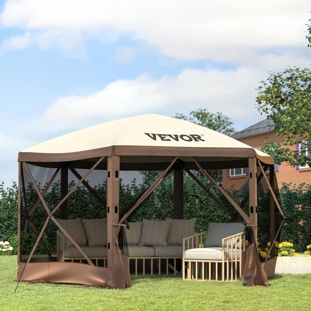 VEVOR 10x10ft Pop Up Canopy Camping Gazebo Screen Tent, 6 Sided Easy Set Up Portable Outdoor Shelter with Removable 6 Wind-Proof Clothes, Carry Bag  Ground Stakes, Shade Tents for Patio and Party