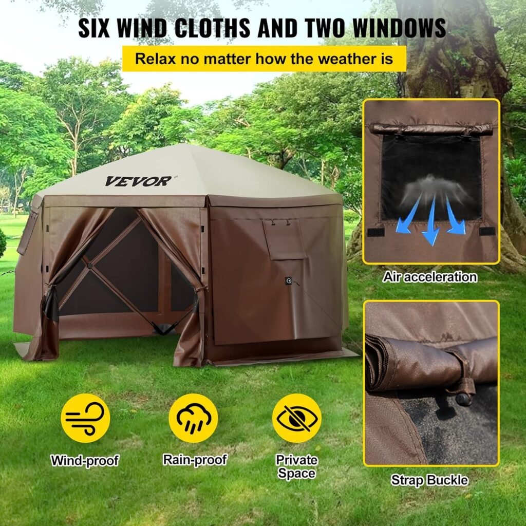 VEVOR 10x10ft Pop Up Canopy Camping Gazebo Screen Tent, 6 Sided Easy Set Up Portable Outdoor Shelter with Removable 6 Wind-Proof Clothes, Carry Bag  Ground Stakes, Shade Tents for Patio and Party