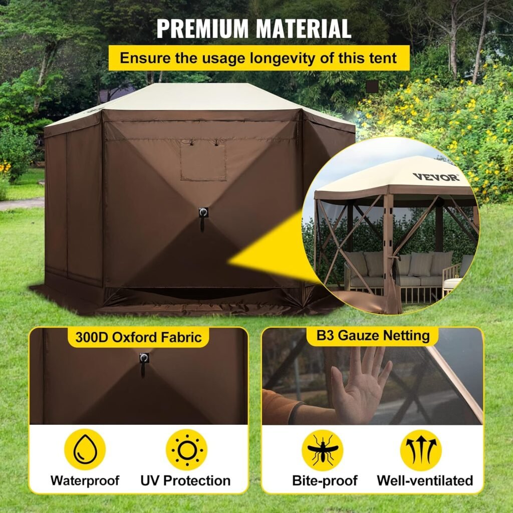 VEVOR 10x10ft Pop Up Canopy Camping Gazebo Screen Tent, 6 Sided Easy Set Up Portable Outdoor Shelter with Removable 6 Wind-Proof Clothes, Carry Bag  Ground Stakes, Shade Tents for Patio and Party