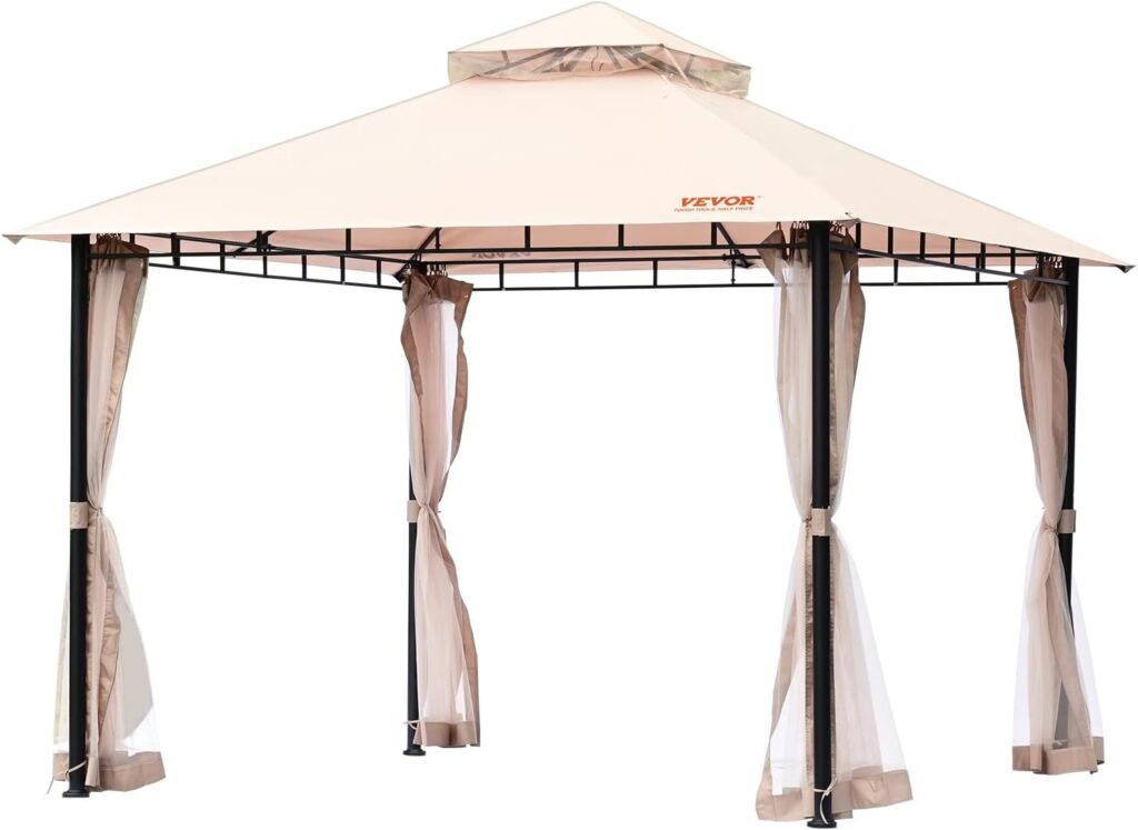 VEVOR Patio Gazebo for 6-8 Person, 10 x 10 FT Backyard Gazebo, with Mosquito Netting, Metal Frame, and PU Coated 180G Polyester, Outdoor Canopy Shelter for Patio, Backyard, Lawn, Garden, Deck