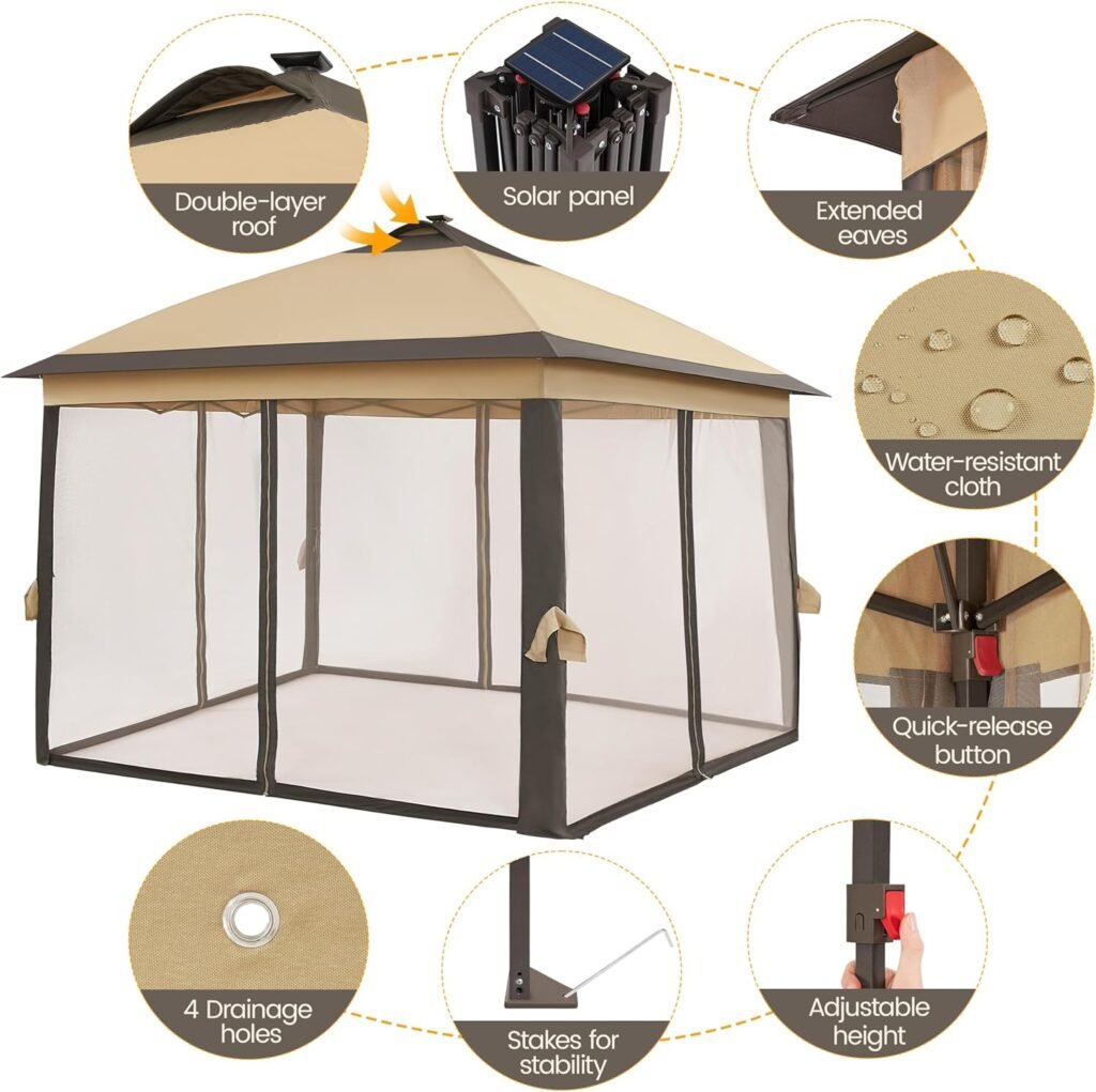 Yaheetech 11x11 Pop Up Gazebo Instant Tent with 17 Solar LED Lights  Zippered Mesh Netting, Outdoor Shelter Sun Shade Gazebo with Sandbags for Backyard Garden Patio, Khaki  Brown