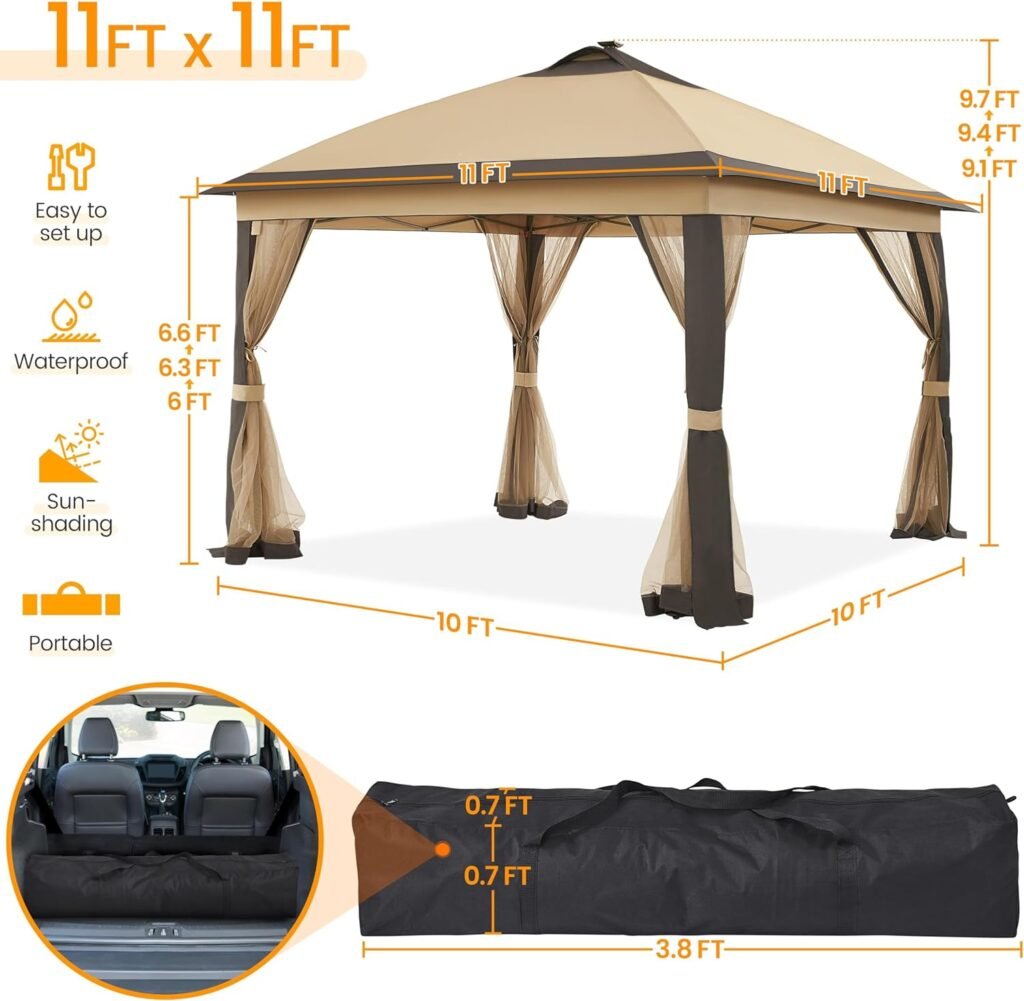 Yaheetech 11x11 Pop Up Gazebo Instant Tent with 17 Solar LED Lights  Zippered Mesh Netting, Outdoor Shelter Sun Shade Gazebo with Sandbags for Backyard Garden Patio, Khaki  Brown