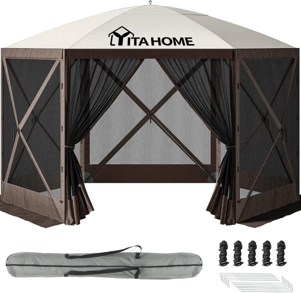 YITAHOME 12x12ft Camping Gazebo, Portable Pop Up Canopy Outdoor Screen Tent 6 Sided with Mesh Windows and Carry Bag for Camping, Picnic, Backyard Party Outside Activities, Brown