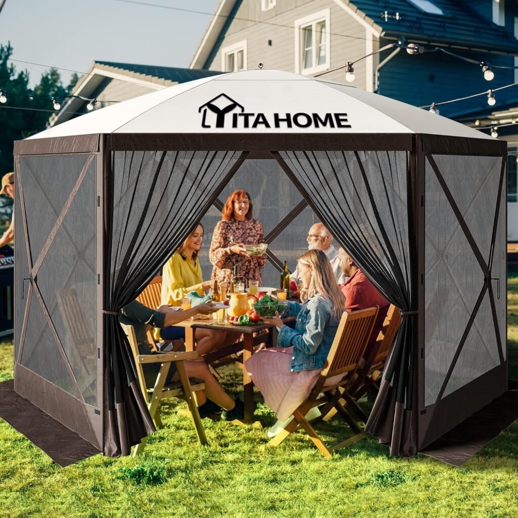 YITAHOME 12x12ft Camping Gazebo, Portable Pop Up Canopy Outdoor Screen Tent 6 Sided with Mesh Windows and Carry Bag for Camping, Picnic, Backyard Party Outside Activities, Brown