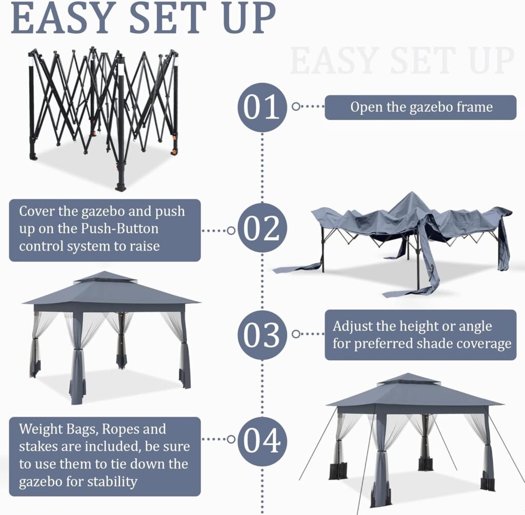 yoyomax 13X13 Outdoor Pop Up Gazebo with Netting, Portable Gazebo Waterproof Patio Canopy Shelter with Double Roof Tops and 169 Square Feet of Shade for Beach Parties, Camping and Picnics - Gray