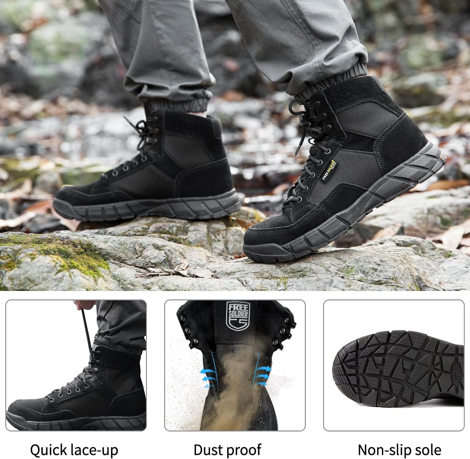 FREE SOLDIER Hiking Work Boots Mens Tactical Boots 6 Inches Lightweight Military Boots Breathable Outdoors Desert Boots