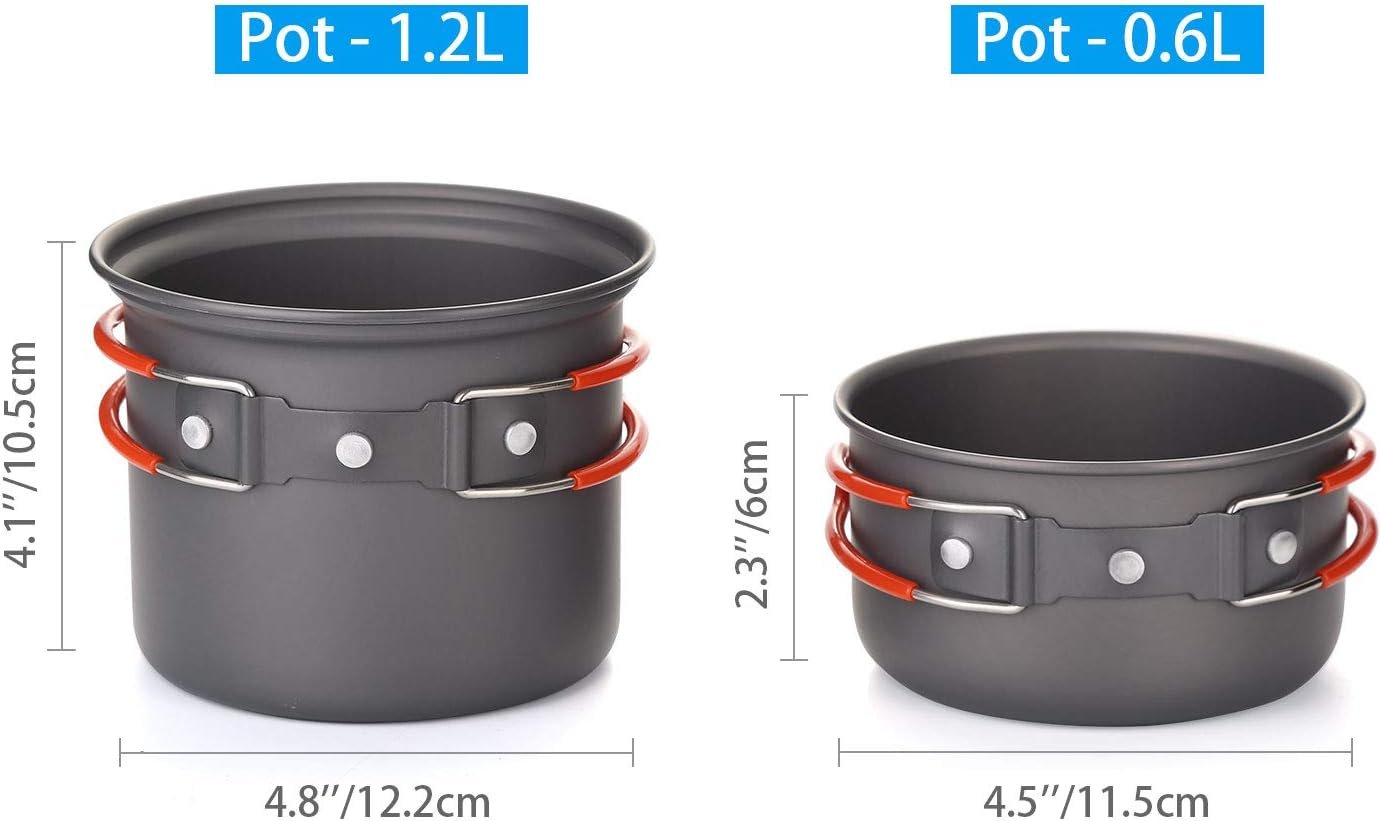 Odoland 6pcs Camping Cookware Mess Kit with Lightweight Pot, Stove, Spork and Carry Mesh Bag, Great for Backpacking Outdoor Camping Hiking and Picnic