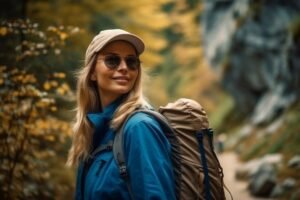 A woman with a back pack wearing a hat and sunglasses