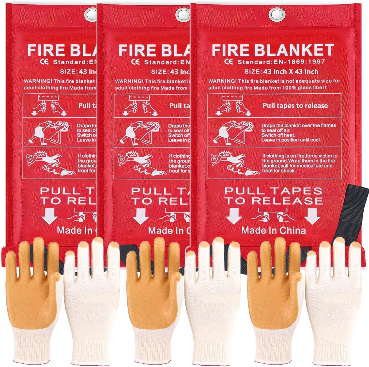 43 in Emergency Fire Blanket - 6 Pack Fire Suppression Blanket for Kitchen Home Fireplace grill office and 6 Pair Gloves