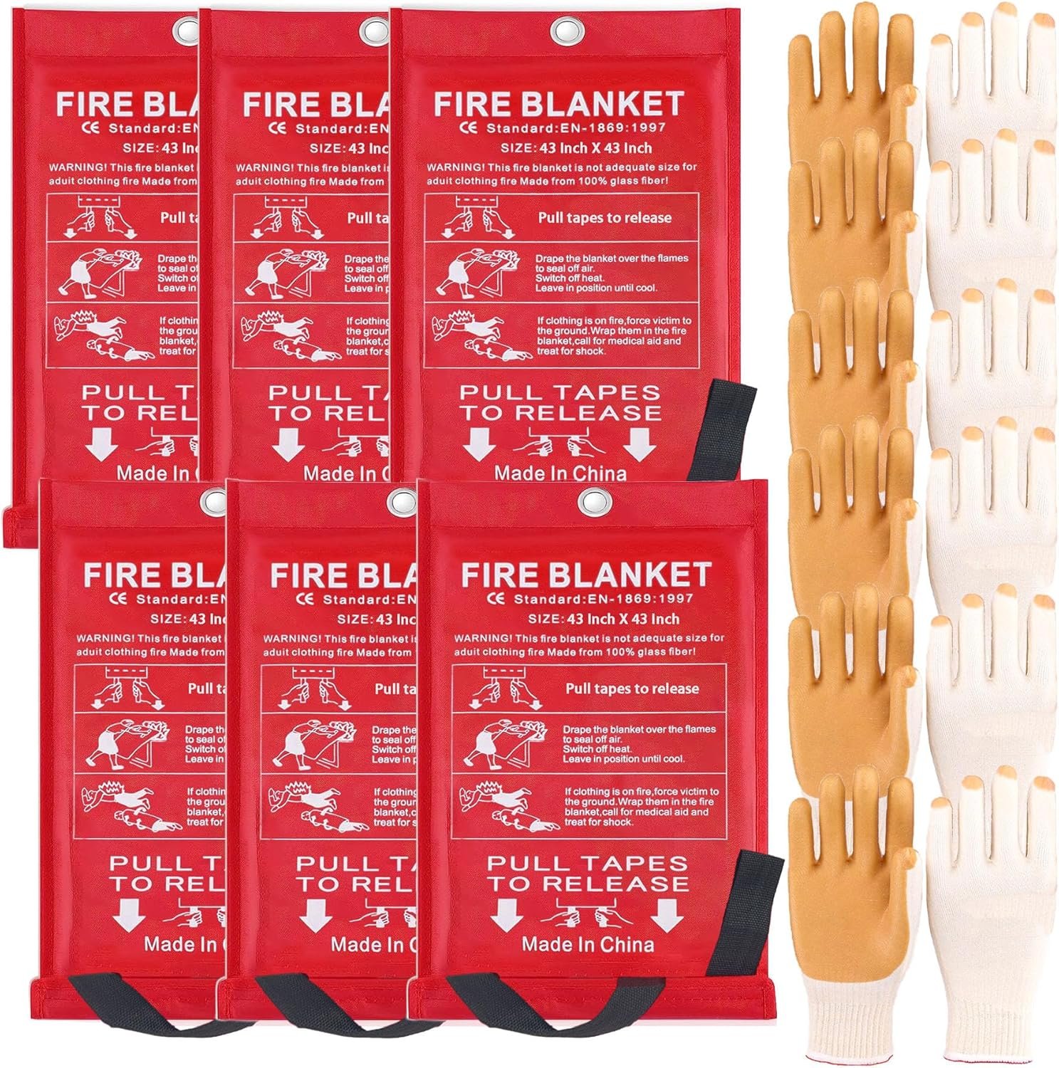 43 in Emergency Fire Blanket - 6 Pack Fire Suppression Blanket for Kitchen Home Fireplace grill office and 6 Pair Gloves