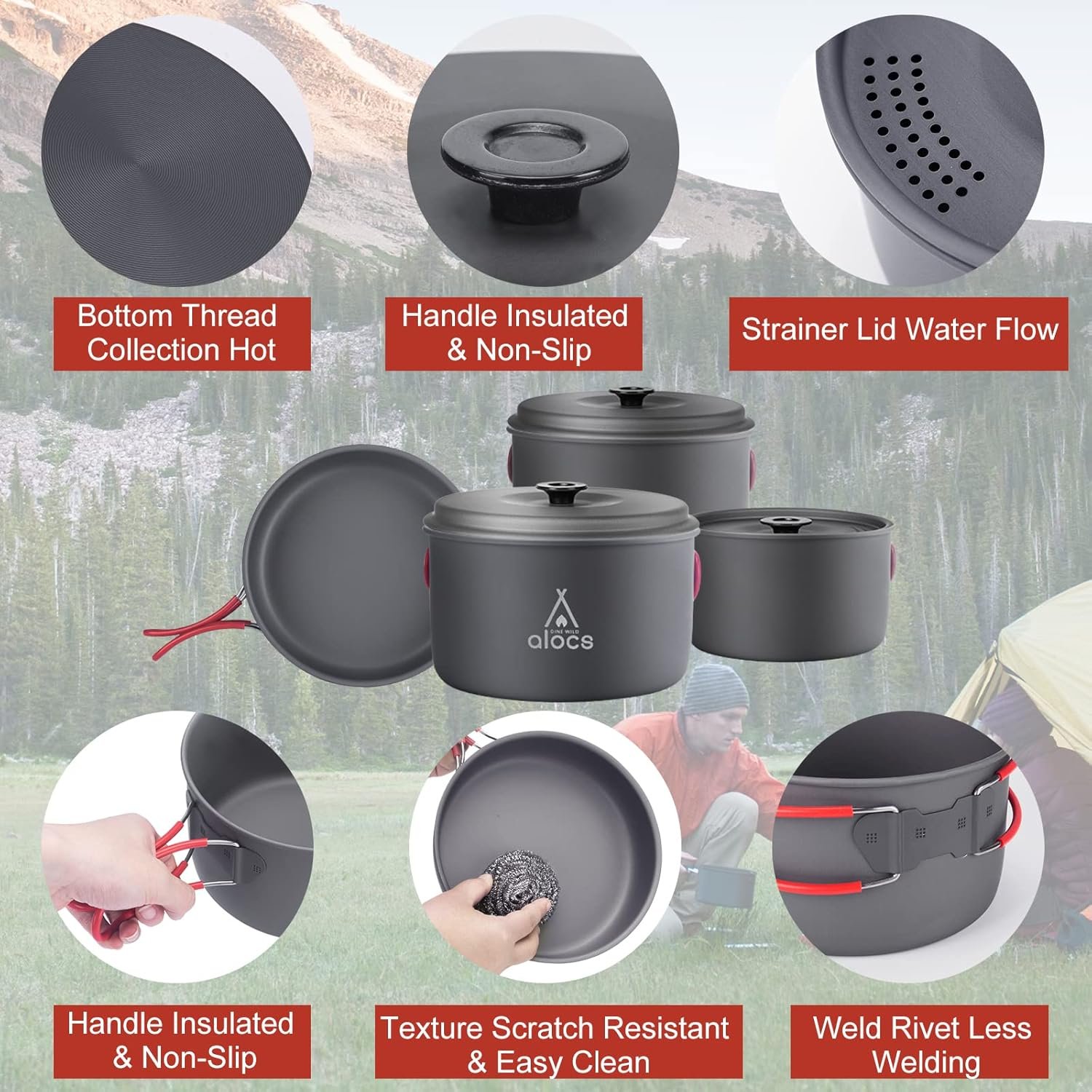 Alocs Camping Cookware Set Camping Gear, Compact Camping Pots and Pans Set, Durable Hard Alumina Camping Cooking Set for Outdoor Backpacking Camping Hiking Picnic, Included Mesh Carry Bag.