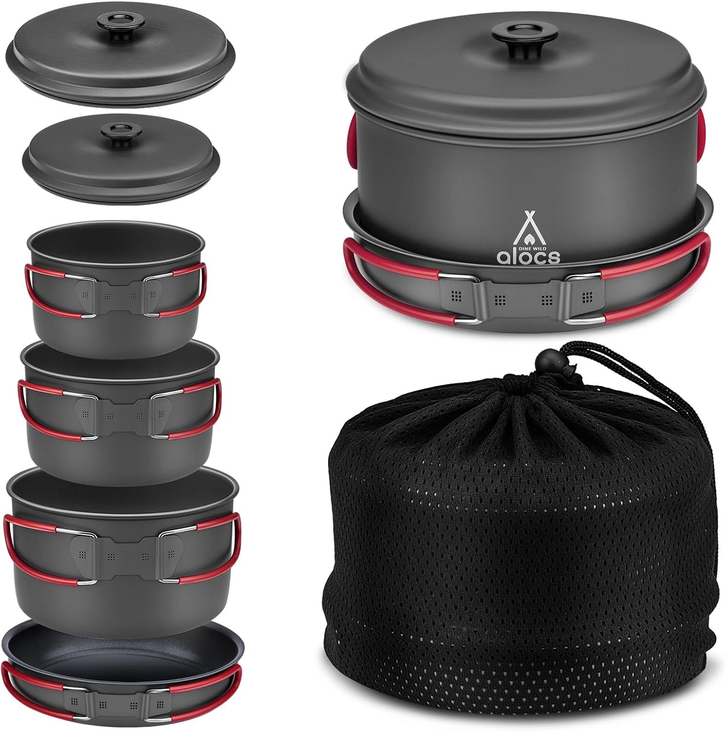 Alocs Camping Cookware Set Camping Gear, Compact Camping Pots and Pans Set, Durable Hard Alumina Camping Cooking Set for Outdoor Backpacking Camping Hiking Picnic, Included Mesh Carry Bag.